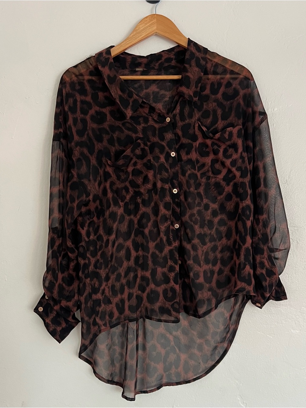 Free People Sheer Brown Leopard Button-Down Blouse